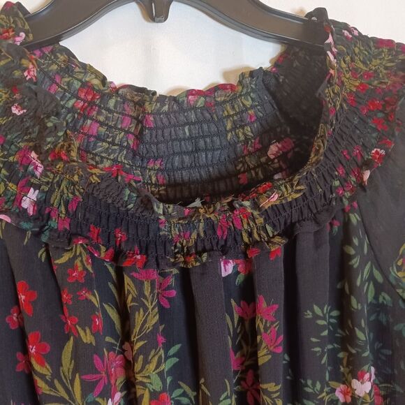 Sheer Dark Floral Print Ruffle Long Sleeve Whimsigoth Boho Womens Top Sz M - Picture 6 of 6